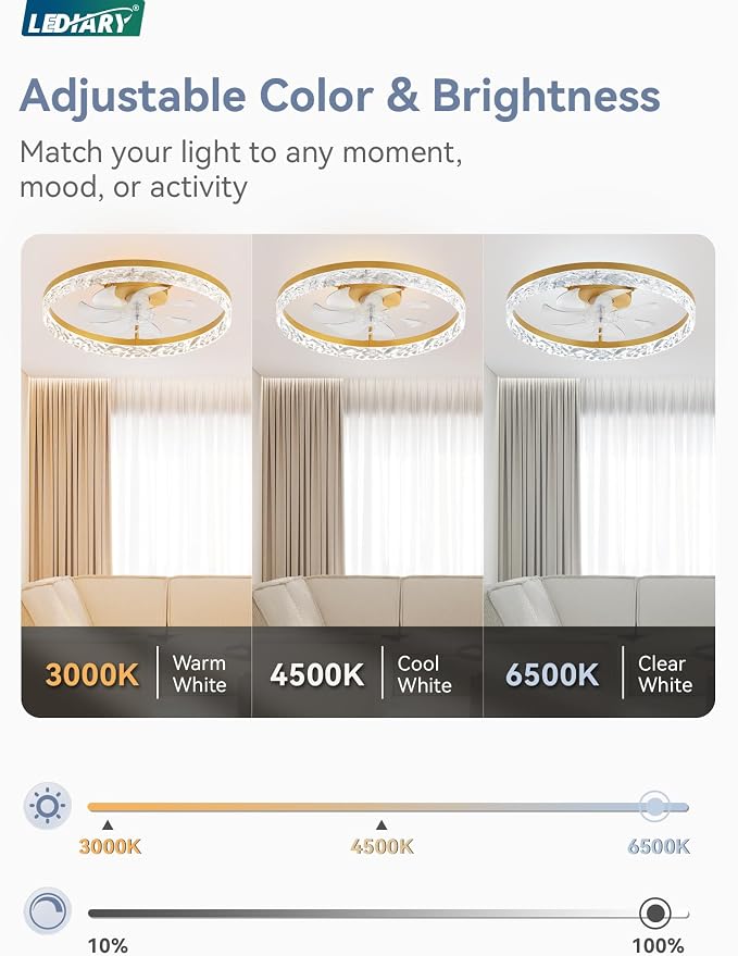 LEDIARY 20" Modern Ceiling Fans with Lights and Remote, Dimmable Low Profile Ceiling Fan, Flush Mount Fan, Stepless Color Temperature Change and 6 Speeds - Gold | Fandelier, Dimmable Low Profile, Flush Mount, Stepless Color Temperature Change, 6 Speeds...