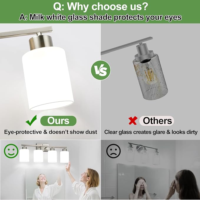 Brushed Nickel Bathroom Light Fixtures with Milk Glass Shades, Eye-Friendly 4 Light Vanity Lights for Bathroom, Vanity Lights with E26 Socket (Bulbs Not Included), for Mirror, Bedroom, Hallway