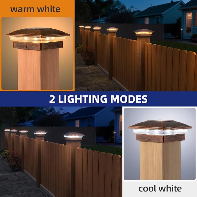APONUO Solar Post Cap Lights - 8 Pack Outdoor Waterproof for 4x4, 5x5, 6x6 Posts, 2 Modes Warm/Cool Light, Solar Powered Fence/Deck/Patio Decor, Brushed Copper