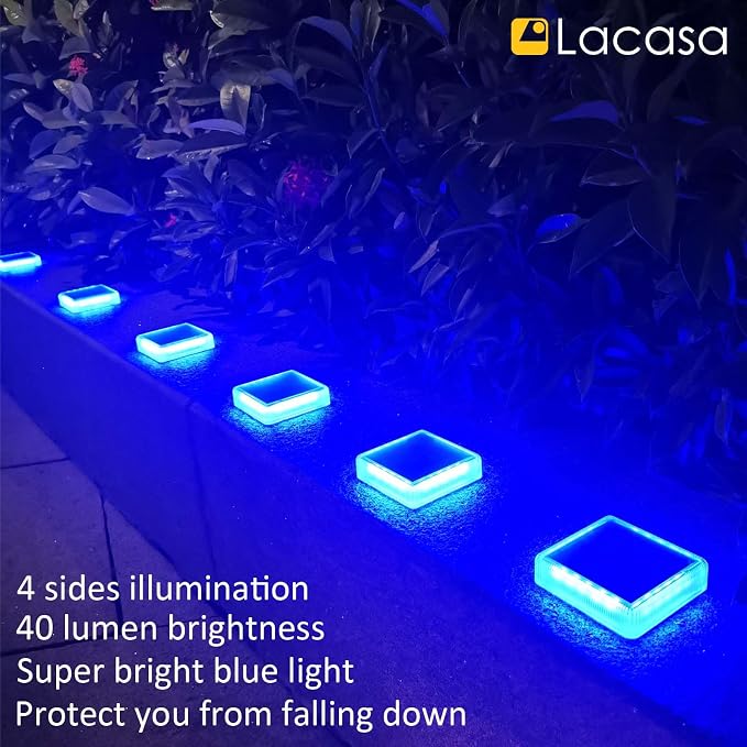 Lacasa Solar Deck Lights, 4 Pack 30LM LED Dock Lights Blue Light, Outdoor Solar Powered Step Lights Light up All Night IP68 Waterproof Auto ON/Off for Garden Stairs Driveway Pathway Lighting