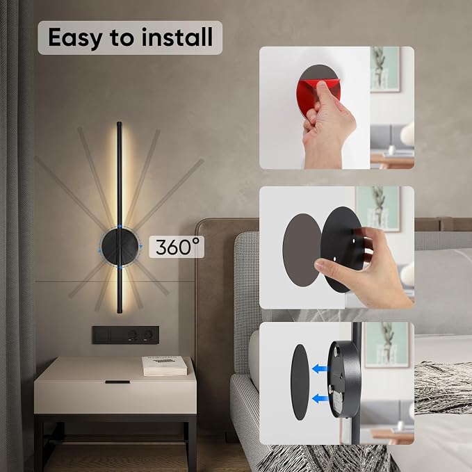 Battery Operated Wall Sconces Set of Two, Wireless Wall Sconces 24 Inch | Rechargeable, Remote Control, Dimmable, Cordless Wall Light Decor for Living Room, Bathroom, Hallway, Timing, Black