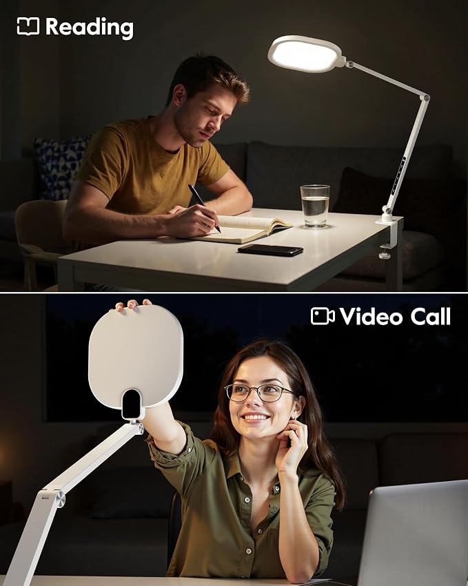 Led Desk Lamp with Clamp, 2000LM Dimmable Home Office Desktop Light, 3000k-6500k Adjustable Swing Arm Ring Light for Video Conference, Study, Reading, Zoom Calls, Streaming (White)