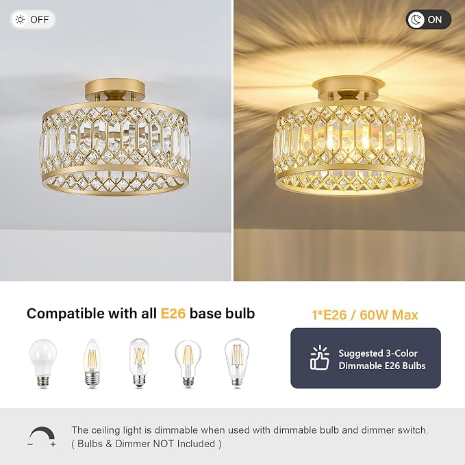 Pevfah Crystal Gold Ceiling Light, 1-Light Semi Flush Light Fixture, 11 in | Flush Mount Hallway Chandelier, Small Light Fixture Ceiling Mount, Modern Ceiling Lamp for Entryway Closet, Bulb Not Included