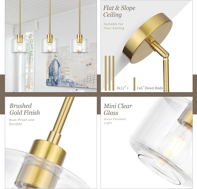 Brushed Gold Pendant Lights Kitchen Island 2 Pack, Modern Clear Glass Hanging Light Fixtures with Rods, Mini Kitchen Pendant Lighting Over Island for Sink Bathroom, OS-YQ8153-2PBGC
