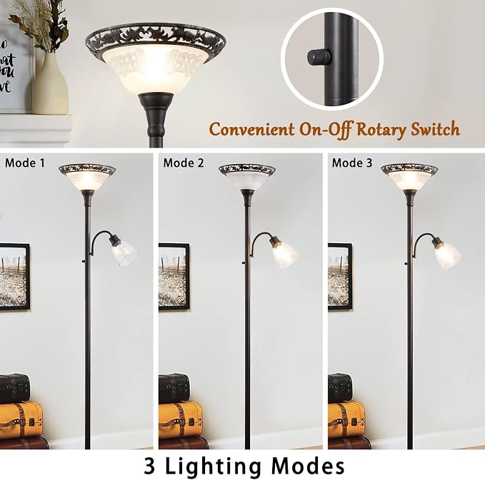 Floor Lamps for Living Room, 70" Floor Lamp Standing Torchiere Lamp with Etched Glass Shade, Metal Pole & Heavy Base, Vintage Tall Corner Lamp Decor for Bedroom, Living Room, Office. No Bulbs (2 Head)
