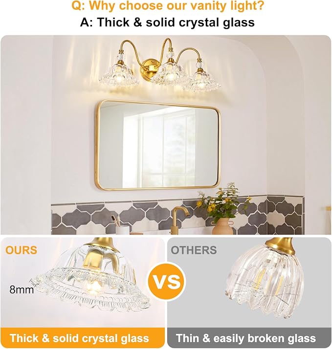 Modern Bathroom Vanity Light Fixtures 3 Lights Brushed Gold Vanity Lights for Bathroom with Floral Crystal Glass Shade Modern Wall Lighting Fixtures Over Mirror(Exclude E26 Bulb)