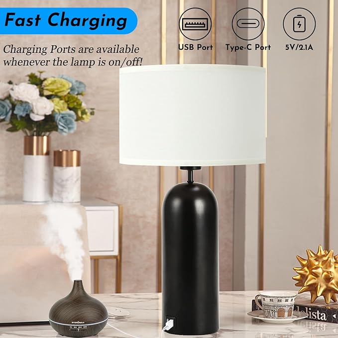 22-inch Tall Table Lamps - Set of 2 Black & White Touch Control 3-Way Dimmable Lamps with USB A+C Ports for Bedroom or Living Room