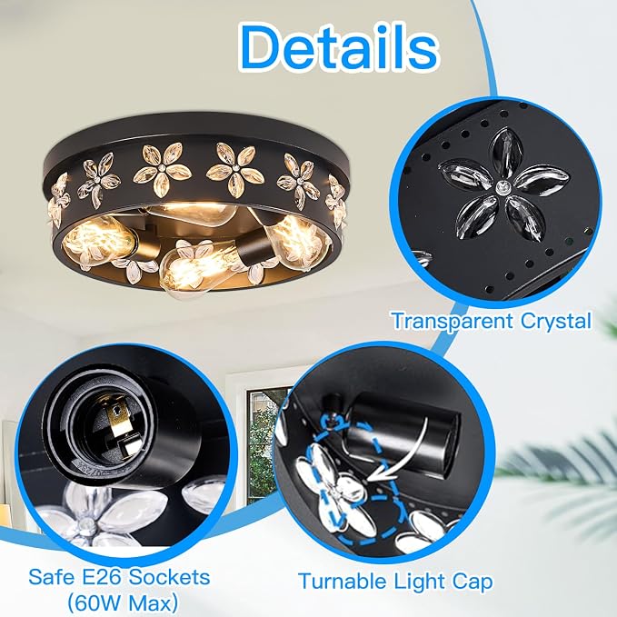 13.8 inch Black Flush Mount Ceiling Light Fixture | 4-Light, Industrial, Farmhouse, Bedroom, Living Room, Kitchen, Hallway, Foyer