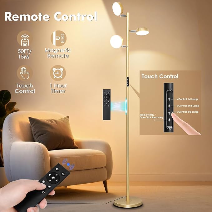 Tree Floor Lamp for Living Room - Modern Gold Standing Lamp | LED Floor Light with Remote & Touch, 3000K-6000K Dimmable for Bedroom Office Reading (3 Head)