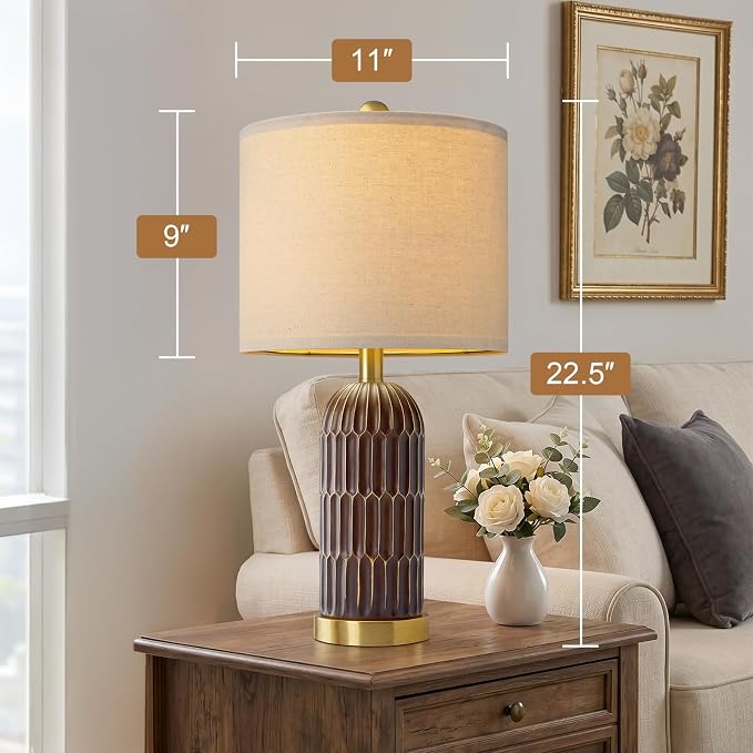 22.5" Bedside Table Lamps Set of 2, Farmhouse Table Lamp with USB A+C Charging Ports, Vintage Nightstand Lamp for Bedrooms and Living Rooms, Mid Century Modern End Table Lamp, Brown and Gold
