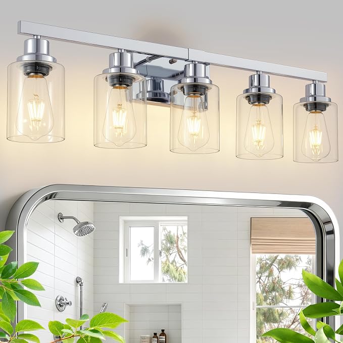 DIKADIA 5-Light Chrome Bathroom Vanity Light Over Mirror 30" Bathroom Light | Polished Chrome,Modern Vanity Lighting Fixture,Farmhouse Wall Sconces with Clear Glass Shade,Wall Light Over Mirror Sink