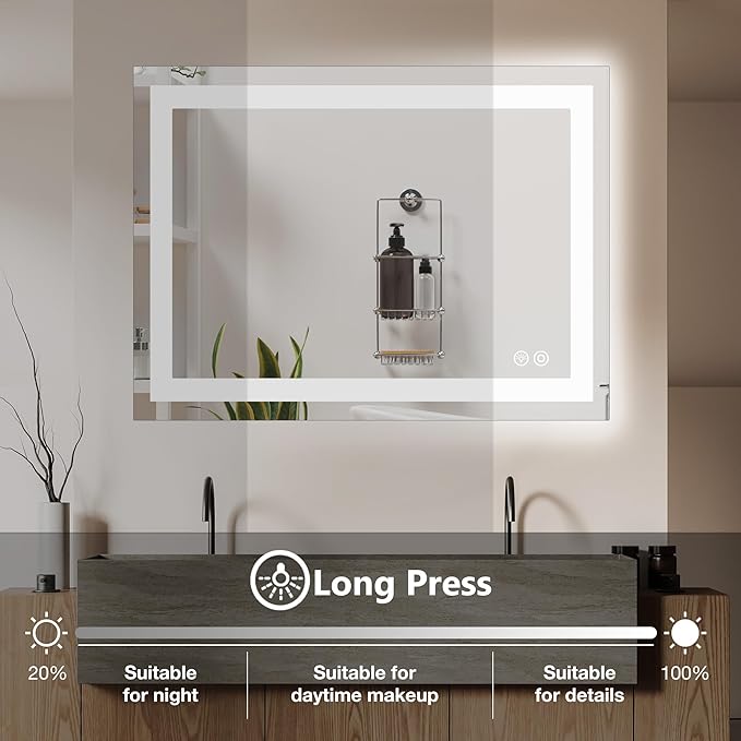 DUMOS 32"x40" Smart Anti-Fog LED Bathroom Mirror with 3 Color Temperatures, Dimmable, Memory Function, Rectangle Modern Vanity Mirror