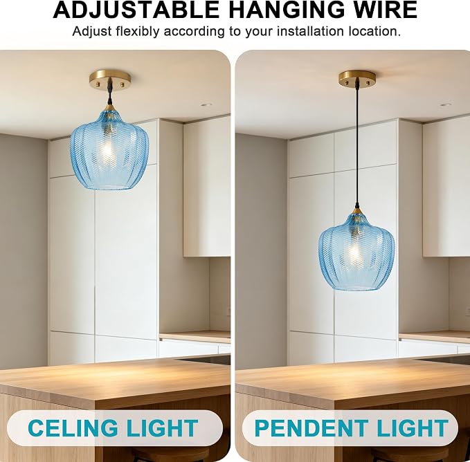 Blue Glass Pendant Lights Kitchen Island Gold Hanging Ceiling Light 9.45" | 1 Pack, Adjustable height, Dimmable, E26 bulbs, Rust-resistant Damp Rated For Bathrooms, 5-Year Warranty, UL Certification