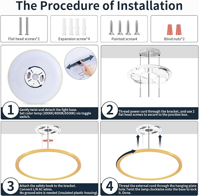 MOONSEA 16 Inch Flush Mount LED Kitchen Ceiling Light Fixture 32W Golden | 3000K/4000K/6500K , 3200LM Kitchen Light Fixtures, 0.98 in Low Profile Ceiling, Brightness Dimmable with Dimmer, Metal Frame