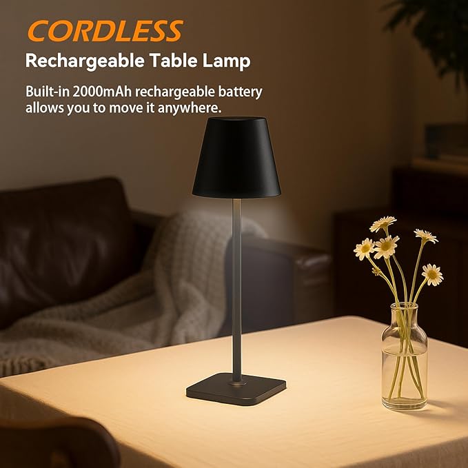 2 Pack Cordless Table Lamps Rechargeable, Battery Operated Touch Dimmable LED Lamp with 3 Color Temperatures, Adjustable Height Wireless Table Lamp for Restaurant, Bar, Bedroom