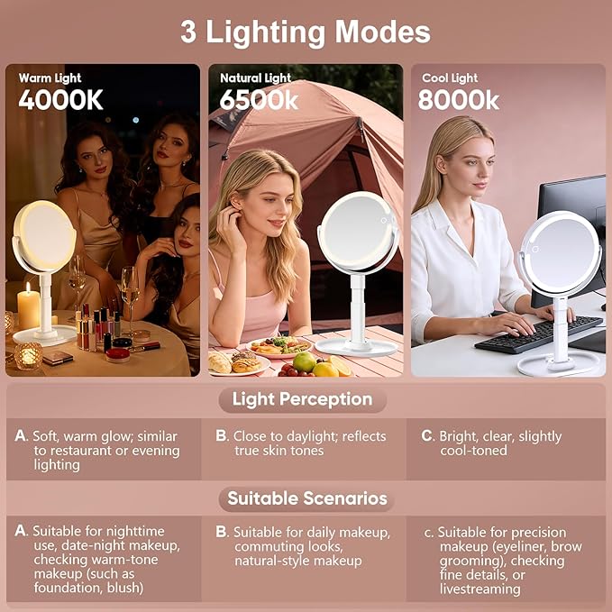 Lighted Makeup Mirror with 10X Magnification, Rechargeable LED Magnifying Vanity Mirror with 3 Lights, Adjustable Height, Storage Base and Phone Holder, White, 7 inch