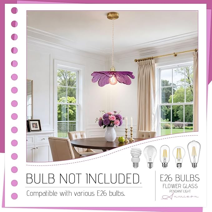 Purple Glass Pendant Light Fixtures 15.75" Large Flower Petal Ceiling Hanging Light Statement with Brushed Gold Base Mid Century Modern Chandelier for Kitchen Island Dining Room Living Room Foyer