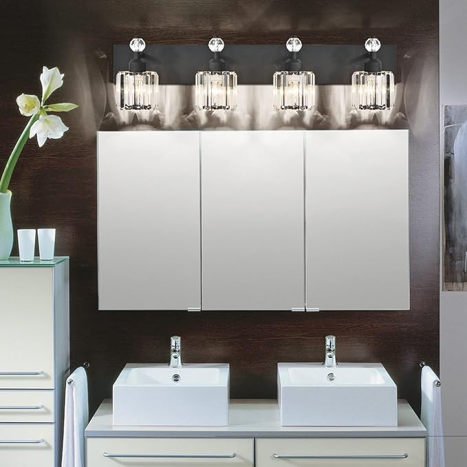 PRESDE Crystal 4- Light Vanity Light for Bathroom，Modern Matte Black Bathroom Lights Fixtures Over Mirror Wall Sconce