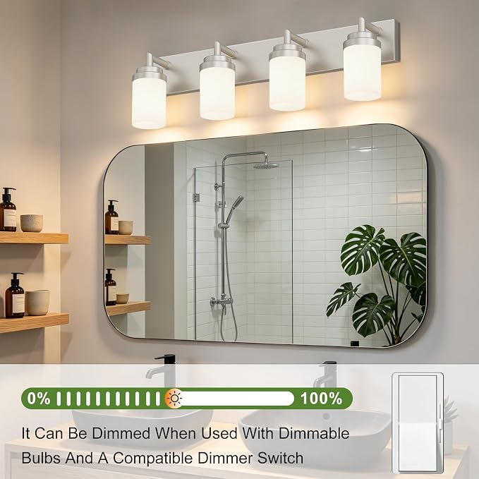 Bathroom Light Fixtures, Brushed Nickel Bathroom Lighting Fixtures Over Mirror, Modern Vanity Light with White Glass Shade, Restroom Lighting Fixtures, 4-Light 30-inch