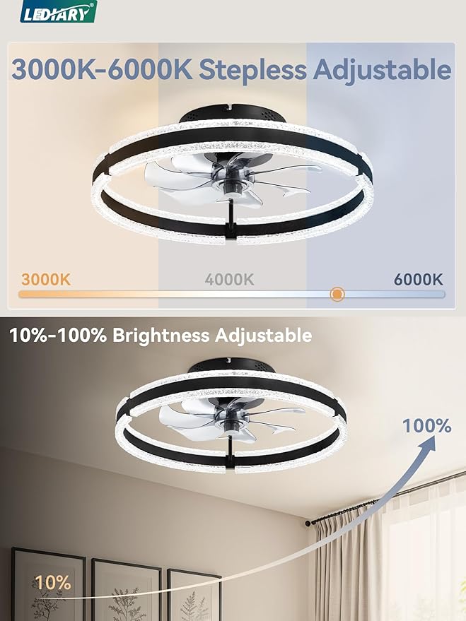 LEDIARY 20'' Low Profile Ceiling Fans with Lights and Remote, Black, 2 Pack | 3000-6000K Dimmable LED, 6 Wind Speeds, Quiet Reversible DC Motor, Small Flush Mount Fandelier for Bedroom, Living Room