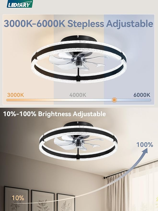 LEDIARY Ceiling Fans with Lights and Remote, 20'' Low Profile Ceiling Fan with Light, 3000-6000K Dimmable Fandelier Ceiling Fans, Modern Flush Mount Fan Light for Bedroom with 6 Wind Speeds- Black | 3000-6000K Dimmable LED, 6 Wind Speeds, Quiet Reversi...