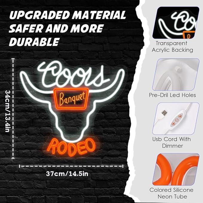 Beer Neon Sign Bar Sign, Western Decor Cowboy LED Neon Sign with Dimmable Switch & USB Power, LED Neon Signs for Man Cave Wall Decor, Perfect for Christmas Birthday Party Gift (14.6 X 13.4 inch)