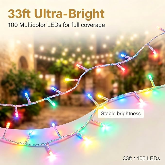 Multicolor String Lights for Indoor Bedroom, 33FT 100 LED Fairy Lights with 8 Modes & Memory, Plug in Twinkle Christmas Light, Waterproof for Outdoor Patio, Garden, Classroom, Dorm or Tree
