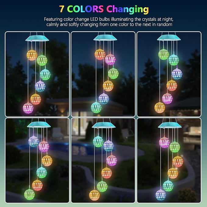Toodour Solar Wind Chime, Color Changing Moroccan Ball Wind Chimes | LED Decorative Mobile, Gifts for Mom, Waterproof Outdoor Decorative Lights for Garden Patio Party Yard Window Outdoor Decor