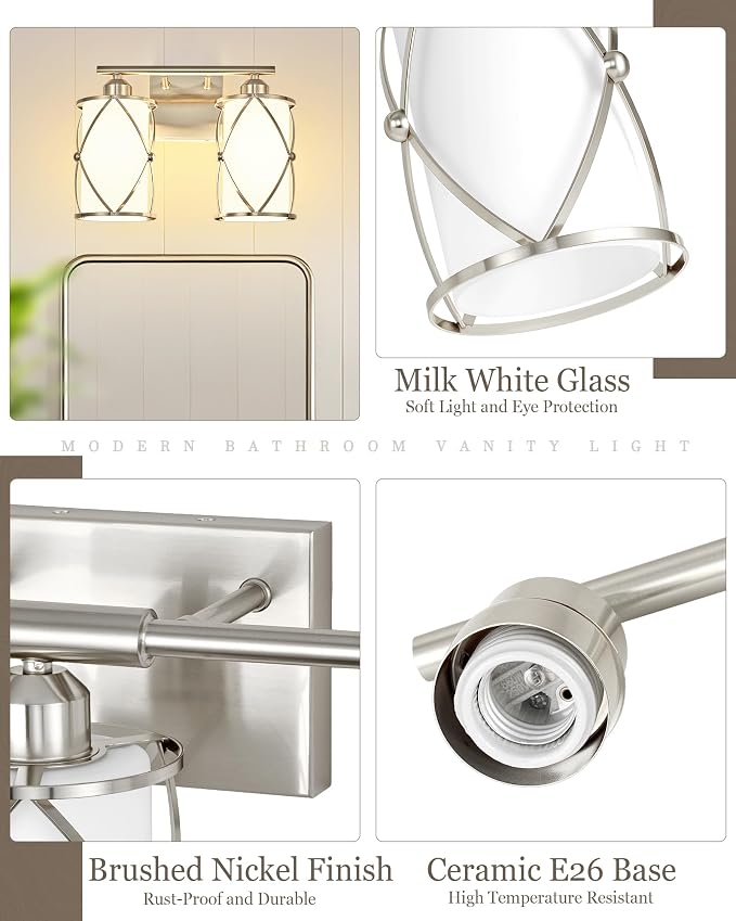 2-Light Brushed Nickel Bathroom Light Fixtures with Milk Frosted Glass, 13" Modern Bathroom Vanity Lighting Fixtures Over Mirror with Metal Cage, Wall Sconce Light for Bath, E26, CH9176BNW-2W