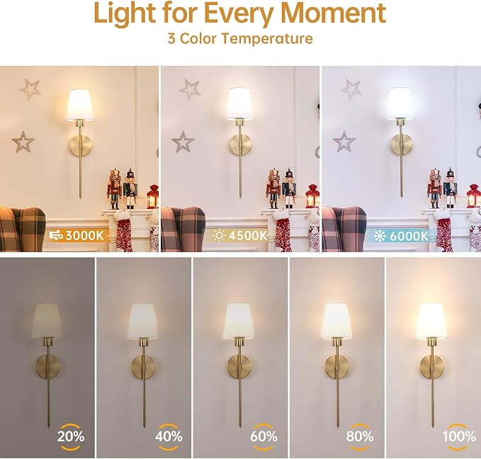 Shenmoyl Fabric Wall Sconce Battery Operated Set of 2, Rechargeable Wall Lights with 5000mAh RGB Dimmable Bulb, 12 Colors Wall Sconces for Bedroom Living Room, Gold