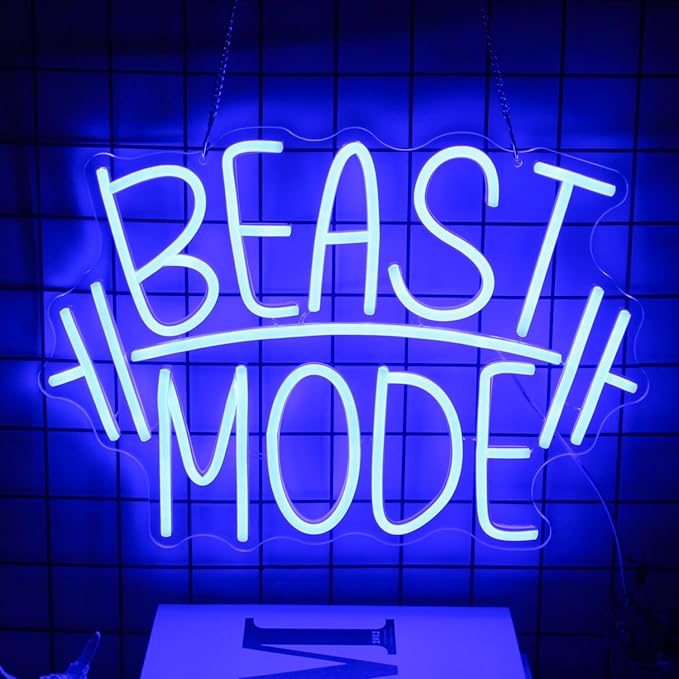 Beast Mode Neon Sign Blue Letter Neon Gym Signs Motivational Wall Art Gym Decor Barbell LED Neon Lights Signs Dumbbell Neon Light for Bedroom Gym Sports Room Man Cave Decor