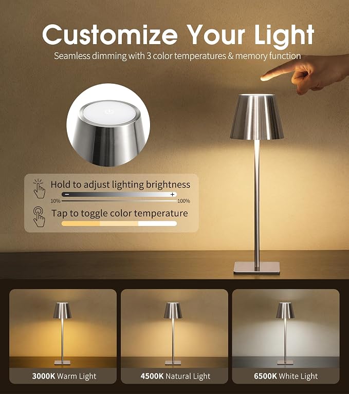 UME Cordless Table Lamp, Battery Operated Lamp - Portable Waterproof Rechargeable Table Lamp w/ 3 Color Temps & Stepless Dimming for Dinner, Desk, Cafe, Outdoor (Brushed Silver)