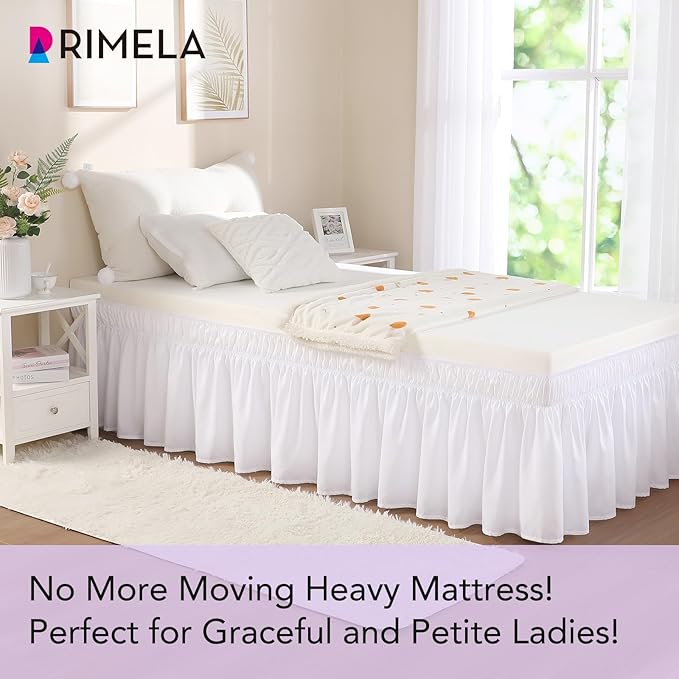 RIMELA White Bed Skirt Twin Size 15 Inch Drop, Elastic Bed Skirting for Adjustable Bed Base & Frame, Bedding Dust Ruffle Easy to Install, Lightweight Wrap Around Bedskirt