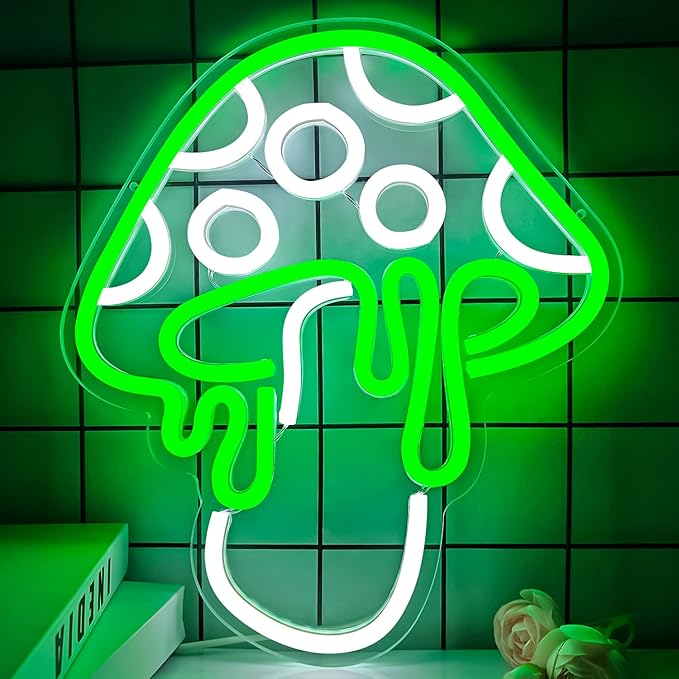 Ajoyferris Mushroom Neon Sign Dimmable Neon Light Sign Mushroom Night Light 3D Light Up Mushrooms Neon Signs for Wall Decor Game Room Bedroom Gift for Kids (Green)