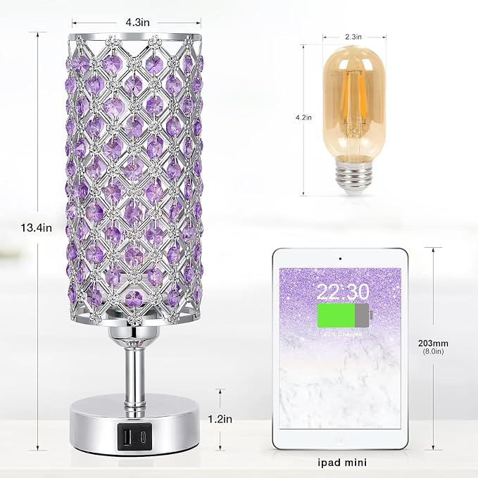 Hong-in Purple Lamp for Girls Room-Crystal Touch Lamp with USB-C+A Ports,3 Way Dimmable Bedside Light with Crystal Shade for Bedroom Home Office