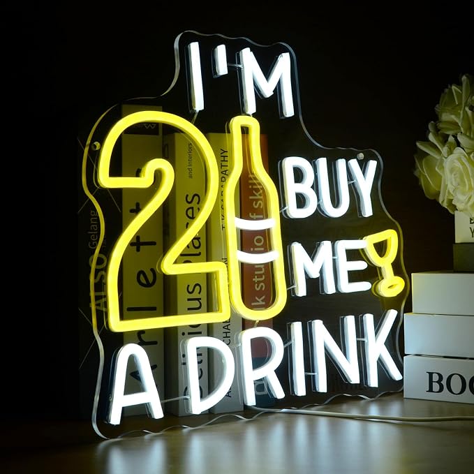 I’M 21 BUY ME A DRINK LED Neon Sign 21st Birthday Party Decor Neon Light | Twenty one Happy Birthday Glowing Lamp for Bar Pub Man cave Bedroom Home Dimmable Cheers LED for Her Him