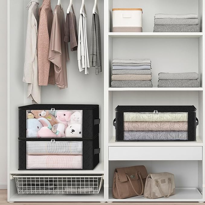 HomeHacks 6-Pack Clothes Organizer Storage Bags Foldable Storage Box with Large Clear Window Sturdy Handles for Closet, Dorm, Pillows, Bedding, Clothes, Stuffed Toys, Blankets, 35L, Black | Foldable Storage Box Container with Zippers, Clear Window, Rei...