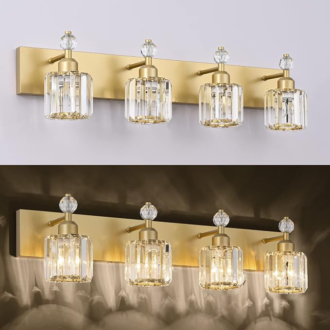 PRESDE Crystal 4 Bathroom Vanity Light Modern Gold Vanity Light Fixture Wall Lamp for Over Mirror Bedroom Hallway
