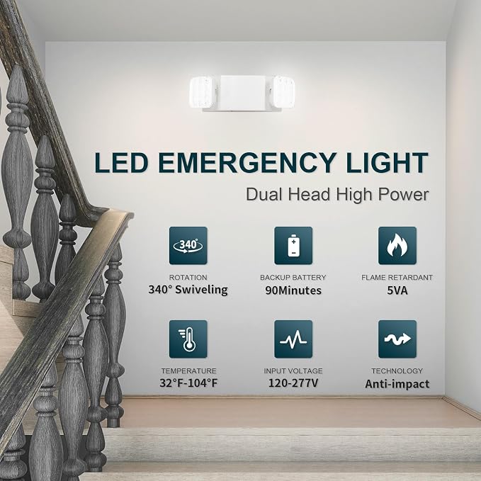 1PK LED Emergency Lights, Commercial Emergency Lights for Business, Power Outages, Offices, with Backup Battery (90 Minutes), Wall Mount, Hard Wired, 120-277V, Fire Resistant (94V-0) UL