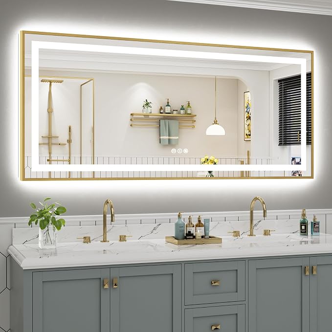 72x32 Inch LED Bathroom Mirror with Gold Frame, Backlit & Front Lit | Anti-fog, 3 Color Dimmable, Memory Function, HD Reflection Tempered Glass, ETL Listed, IP54 Waterproof