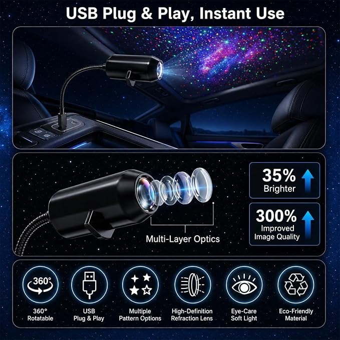 Plug and Play Star Projector Night Light – HD Glass Lens, 360° Flexible Neck, USB Powered, Interchangeable Theme Discs, Portable Galaxy Lamp for Bedroom, Home Theater, Car, or Travel (17 Slides)