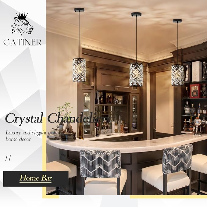 CATINER Black Crystal Pendant Light, Mini Kitchen Island Hanging Light, E26 | Black crystal pendant light with adjustable cord, E26 socket, dimmable for kitchen islands, dining rooms and hallways