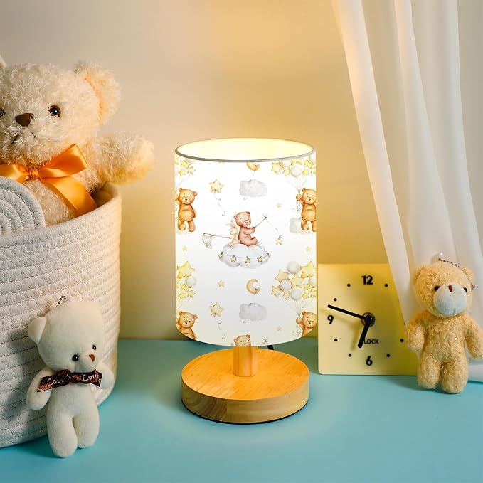 Bear Kids Table Lamp for Bedroom Kids Bedside Lamp with Linen Wooden Nightstand Cartoon Nursery Lampshade for Girls Boys Living Room