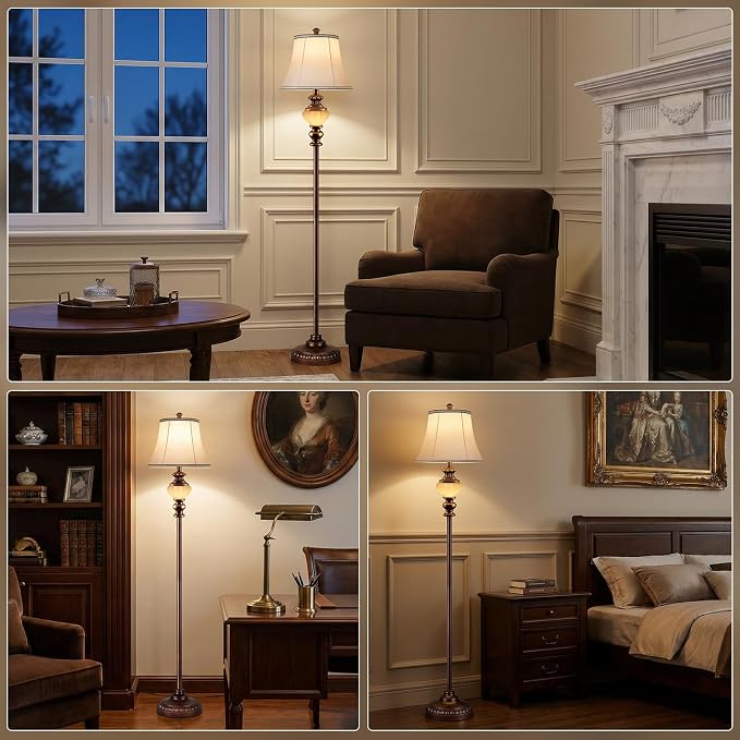 65'' Vintage Floor Lamp for Living Room, Retro Farmhouse Standing Lamp with Nightlight, Tall Lamp with Fabric Shade and Rotary Switch for Bedroom Office Dining Room Corner(LED Bulb Included)