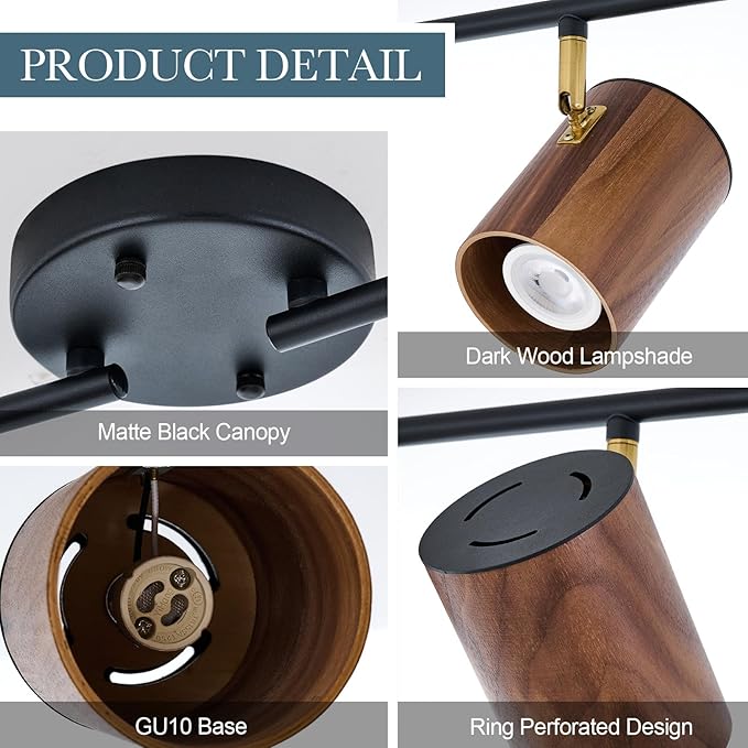 Modern 4-Light Track Lighting Kit Fixture, Adjustable Matte Black Finish and Real Dark Wood Lampshade Ceiling Light, Brass Swivel Item Kit, for Living Room, Kitchen, Artwork