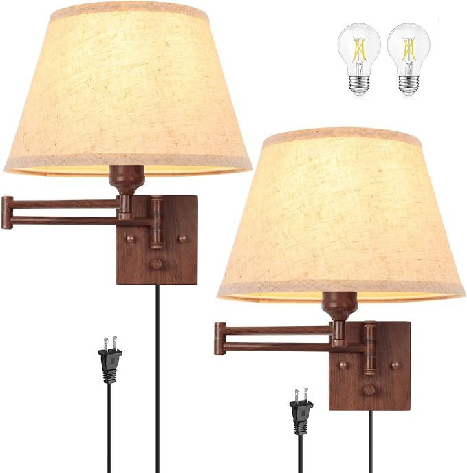 TRLIFE Dimmable Wall Sconce Plug in, Wall Sconces Set of Two Swing Arm Wall Lights with Plug in Cord and On/Off Dimmer Rotary Switch, 11.8" Large Beige Fabric Shade(2 Pack, Walnut Color)