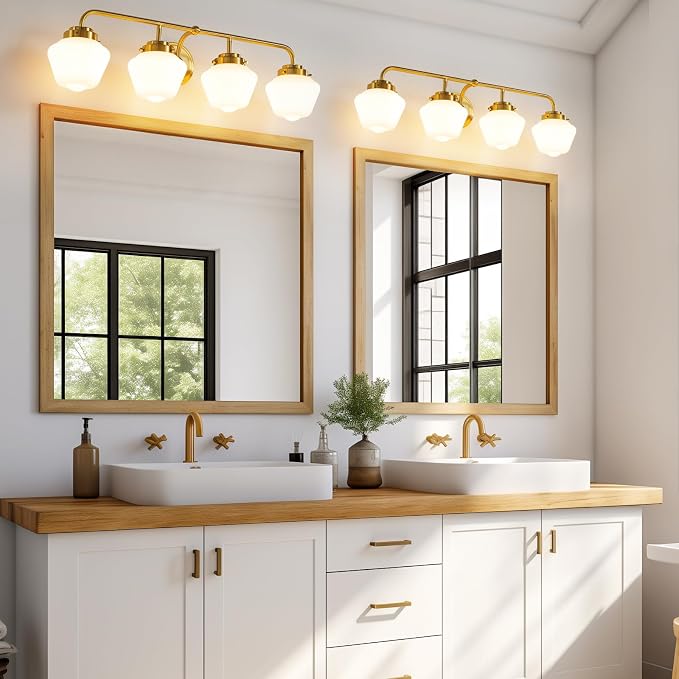 RUIYEY Bathroom Vanity Light Fixtures: 4 Lights Brushed Gold Vanity Lights for Bathroom, E26 60w Hardwired Wall Sconce Lighting with Frosted Milky Glass Over Mirror (Exclude Bulb)
