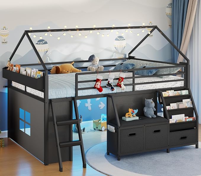 ADORNEVE Low Loft Bed Full Size with Bookshelf, Reading Nook & 3 Drawers | Black Kids Loft Bed, LED Light, Storage Drawers, Under-Bed Play Space,Safety Guardrail, Inclined Ladde, Play Curtain