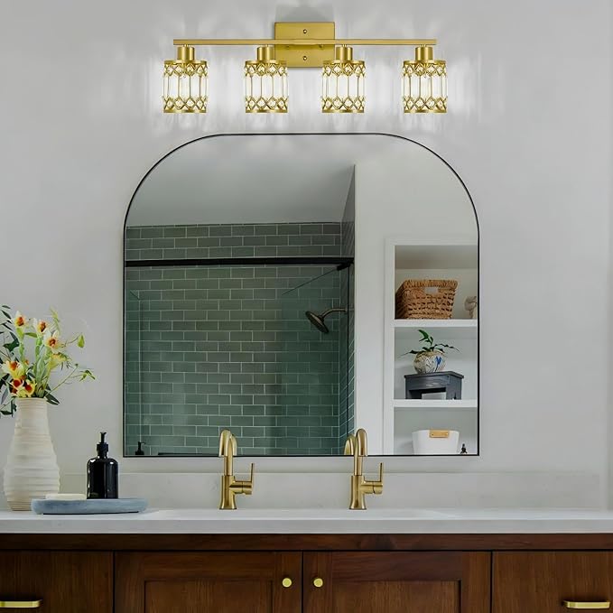 Crystal Modern Bathroom Light Fixtures, 4-Light Brushed Gold Bathroom Vanity Wall Light, Vanity Lights for Mirror, Restroom, Bedroom (E26 Socket, Bulbs Not Included)