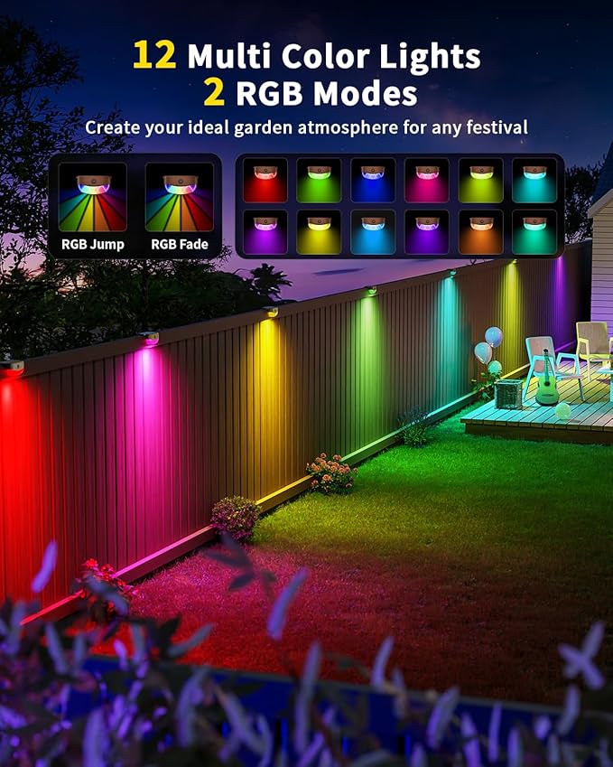 Solar Deck Lights Outdoor 20 Pack, 12 Color Changing Solar Powered Step Lighting with Remote, IP67 Waterproof Led RGB Colors Lamp for Outside Fence, Step, Stair Railing, Wall, Patio, Pool